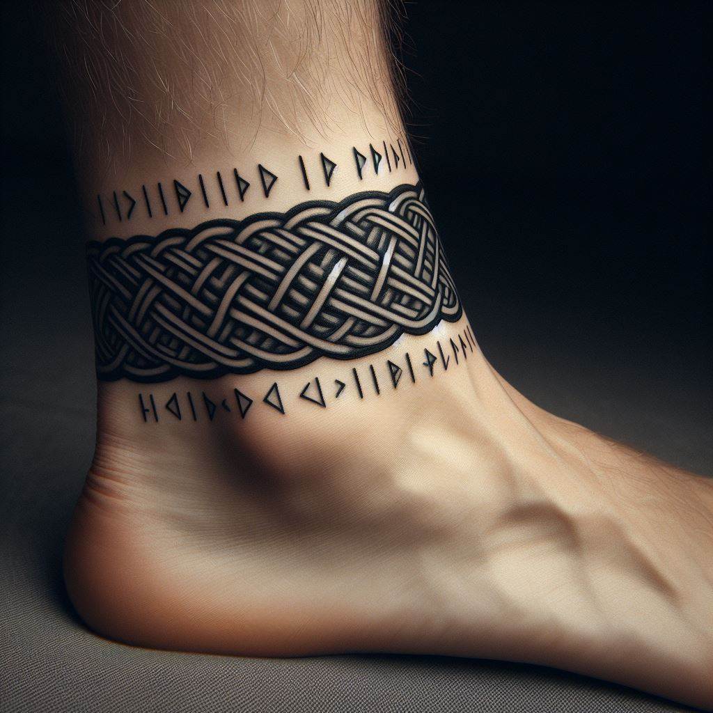 An ankle tattoo featuring a band of Norse knotwork and runes, symbolizing protection and guidance. The knotwork should be intricate, wrapping around the ankle in a seamless loop.