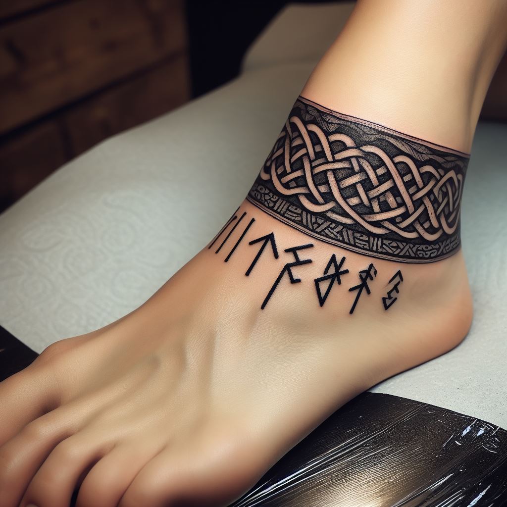An ankle tattoo featuring a band of Norse knotwork and runes, symbolizing protection and guidance. The knotwork should be intricate, wrapping around the ankle in a seamless loop.