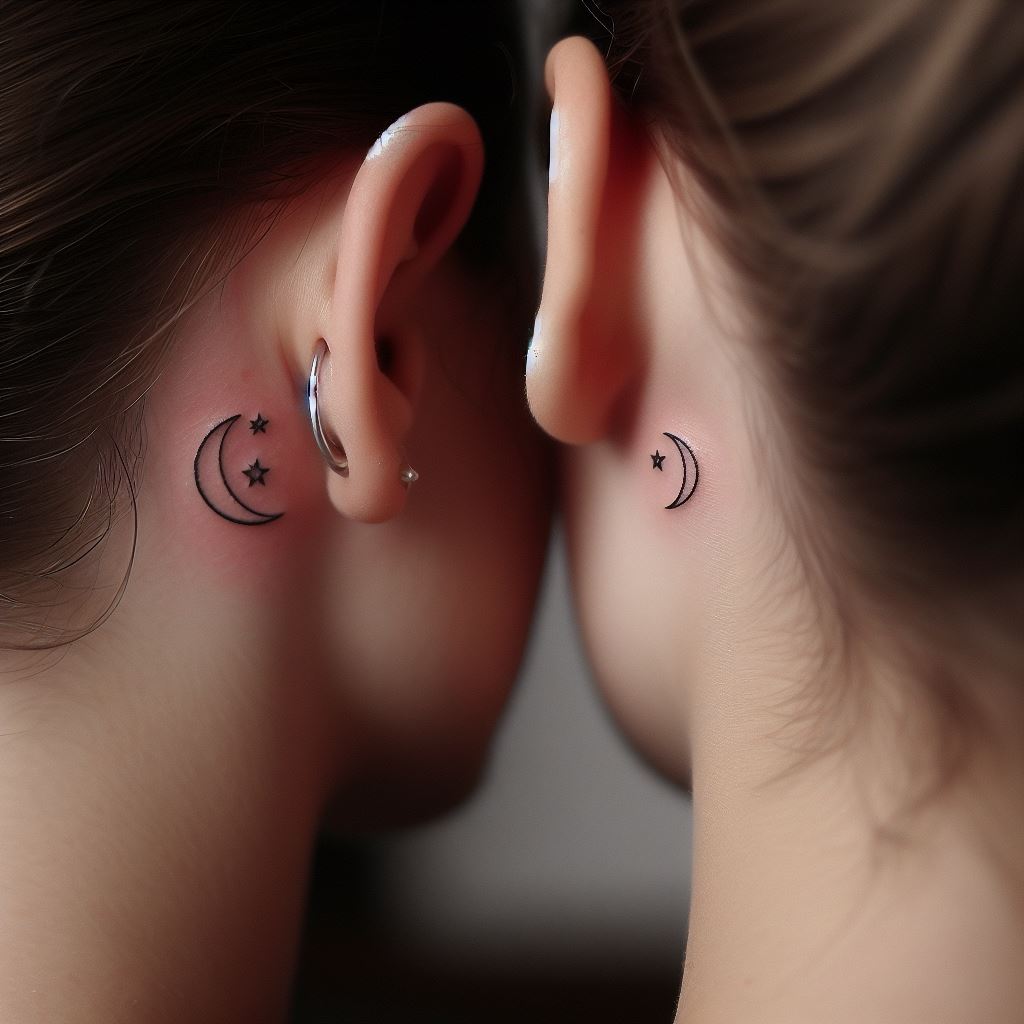 A pair of small, matching tattoos located behind the ear of both a mother and daughter, featuring a minimalist crescent moon and a tiny star. The design should highlight simplicity and elegance, with clean lines and a subtle placement that suggests a personal and intimate connection. The background should be soft, focusing the viewer's attention on the delicate detail of the tattoos.