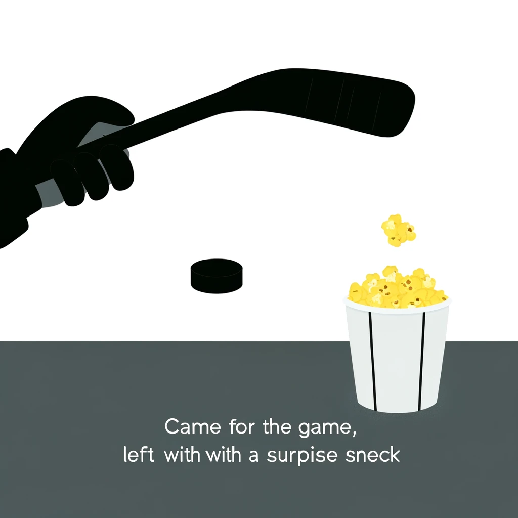A fan catching a stray puck in their popcorn, with the caption 'Came for the game, left with a surprise snack'.