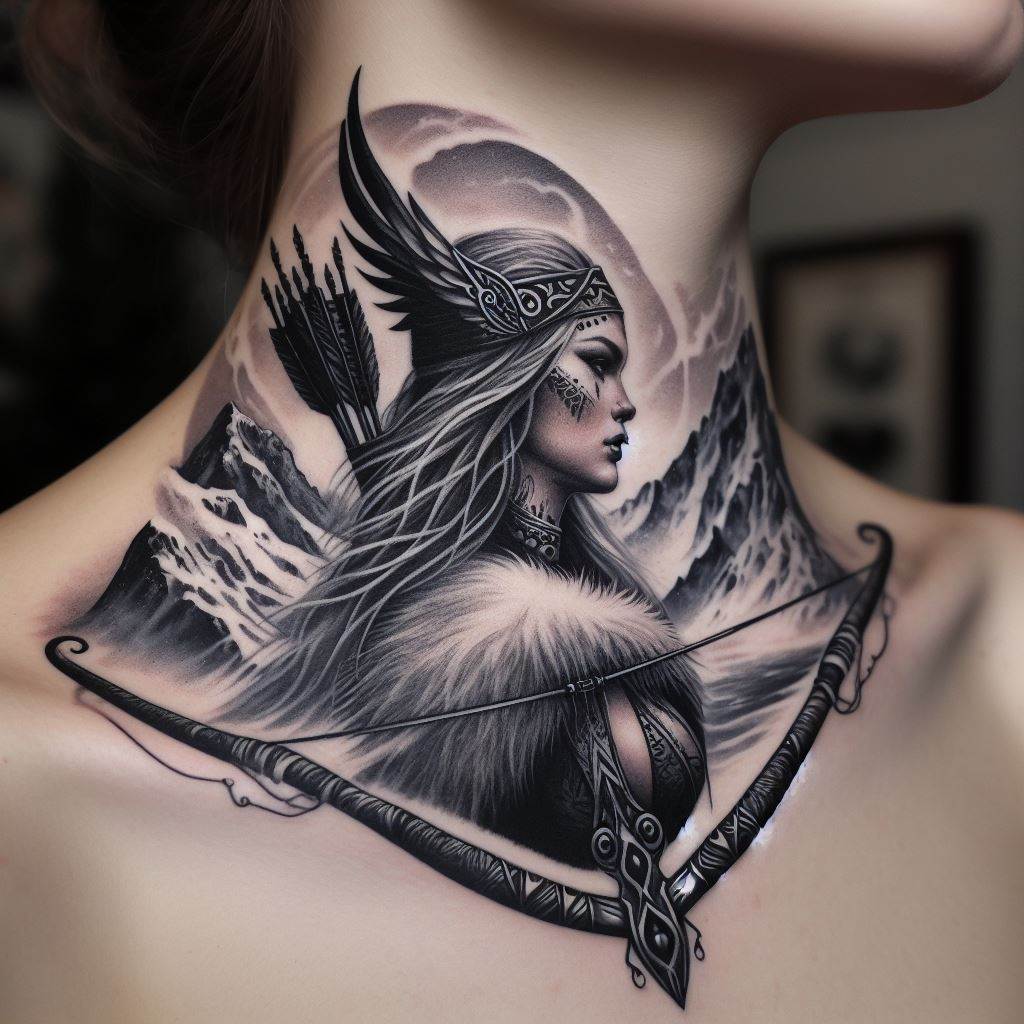 A neck tattoo of Skadi, the Norse goddess of winter, hunting, and skiing, depicted with a bow and arrow, set against a snowy mountain backdrop. The tattoo should gracefully follow the curve of the neck, with detailed imagery capturing the essence of Skadi and the harsh beauty of winter.
