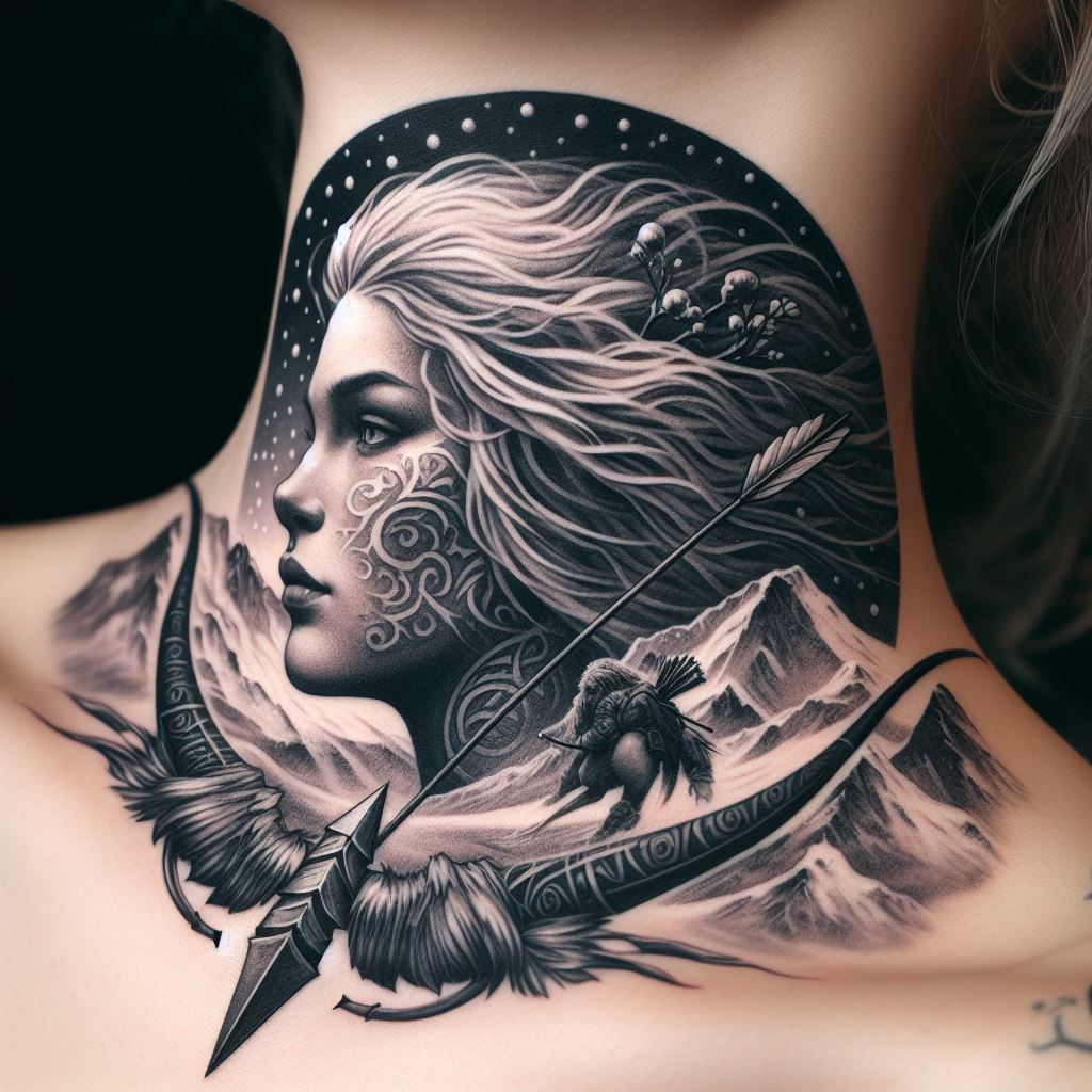 A neck tattoo of Skadi, the Norse goddess of winter, hunting, and skiing, depicted with a bow and arrow, set against a snowy mountain backdrop. The tattoo should gracefully follow the curve of the neck, with detailed imagery capturing the essence of Skadi and the harsh beauty of winter.