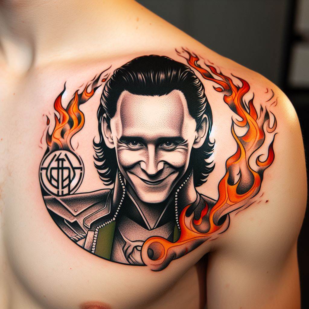 A shoulder cap tattoo illustrating Loki, the trickster god, in a cunning pose with flames and magical symbols surrounding him. The tattoo should capture Loki's mischievous grin and detailed features, with the flames transforming into Norse runes along the edges.