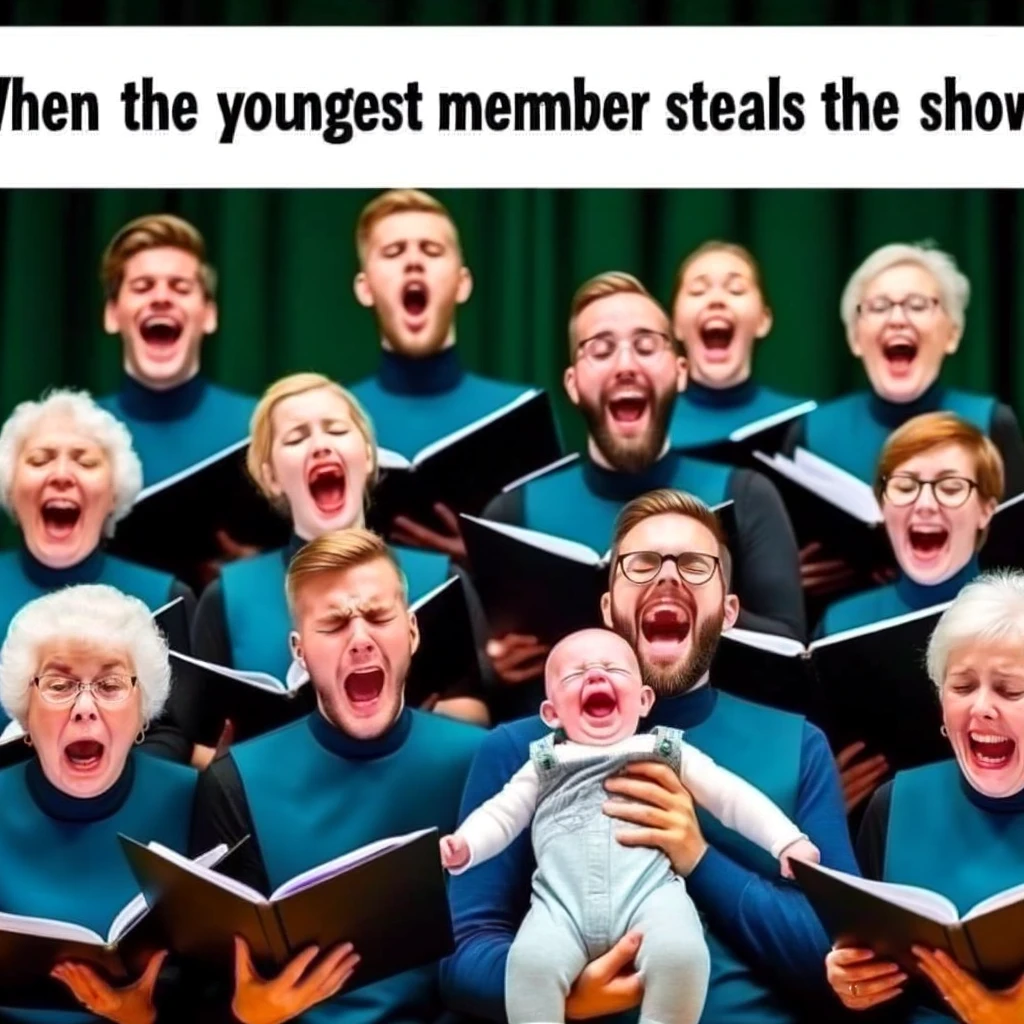 An image of a choir member trying to sing while holding a laughing baby, causing the rest of the choir to break into laughter. The caption reads, "When the youngest member steals the show."