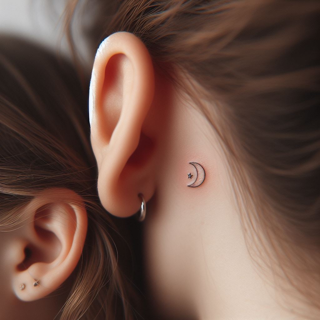 A pair of small, matching tattoos located behind the ear of both a mother and daughter, featuring a minimalist crescent moon and a tiny star. The design should highlight simplicity and elegance, with clean lines and a subtle placement that suggests a personal and intimate connection. The background should be soft, focusing the viewer's attention on the delicate detail of the tattoos.