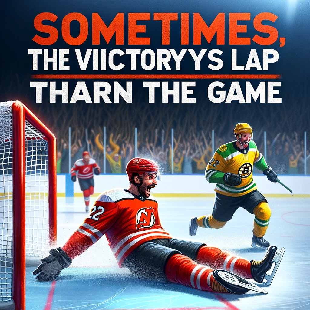 A player celebrating a goal by sliding on the ice on their knees, only to crash into the goal post, with the caption 'Sometimes, the victory lap is more dangerous than the game'.