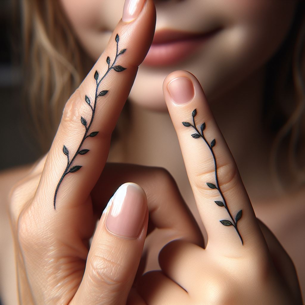 A mother and daughter with matching finger tattoos, each having a single, delicate vine that wraps around their index finger. The vine should have tiny leaves, symbolizing growth and the nurturing nature of their relationship. The tattoos should appear natural and elegant, with the background blurred slightly to emphasize the intricate design of the vine.