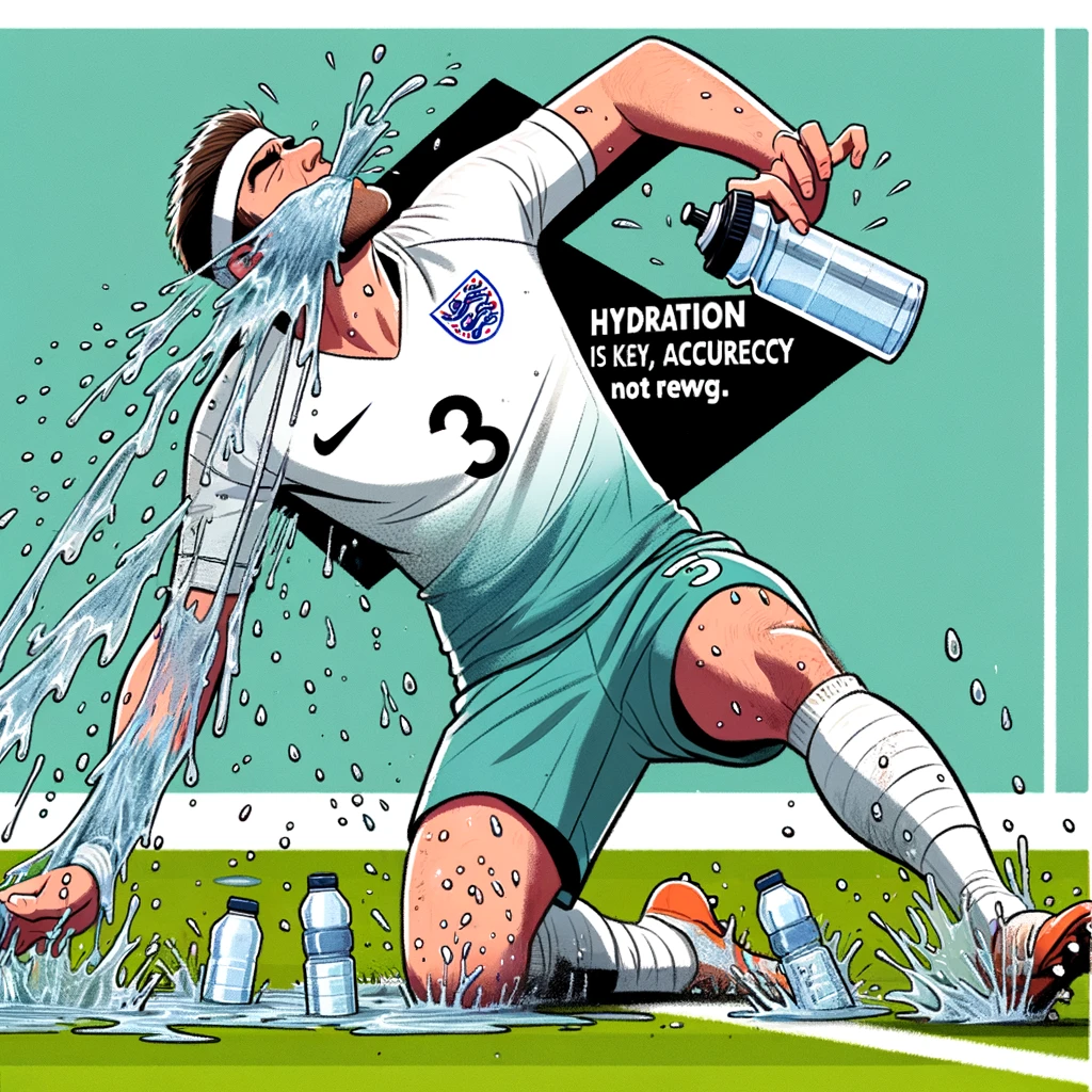 A player trying to drink water but missing their mouth and spilling it all over, with the caption 'Hydration is key, accuracy not so much'.