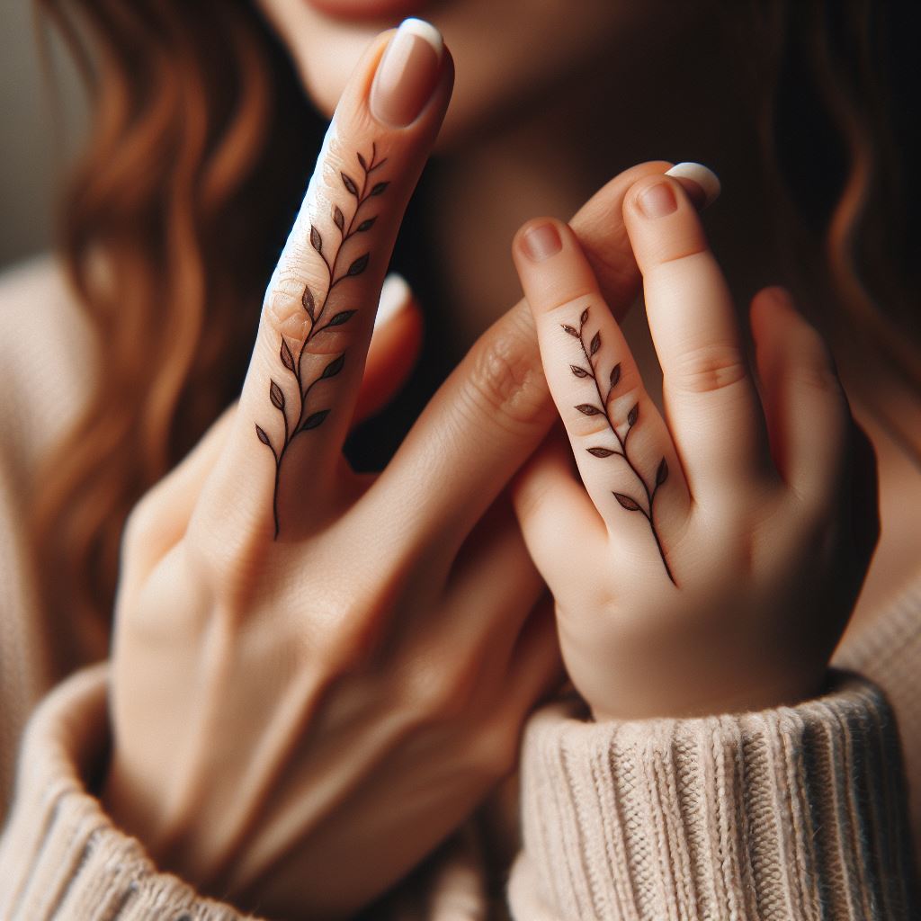 A mother and daughter with matching finger tattoos, each having a single, delicate vine that wraps around their index finger. The vine should have tiny leaves, symbolizing growth and the nurturing nature of their relationship. The tattoos should appear natural and elegant, with the background blurred slightly to emphasize the intricate design of the vine.