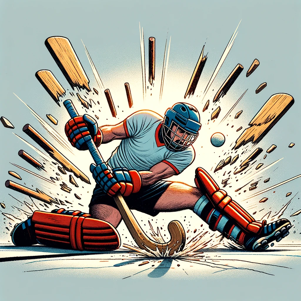 A hockey stick breaking at the moment of a powerful shot, with the caption 'When you give it your all, but your stick gives up first'.
