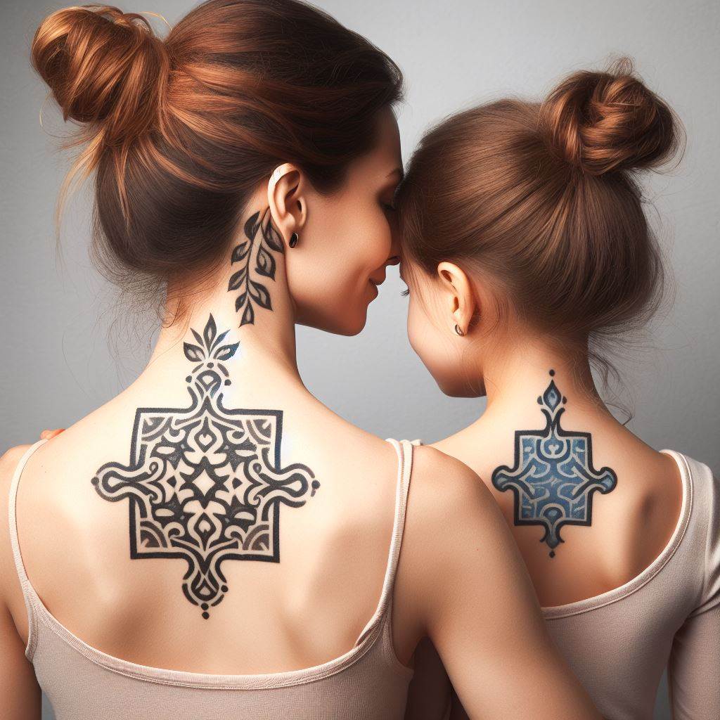 A mother and daughter with matching tattoos on the back of their necks, depicting a pair of interconnected puzzle pieces. The puzzle pieces should be designed with intricate patterns that symbolize their unique personalities and how they perfectly fit together. The tattoos should be visible just below the hairline, with a focus on precision and detail against a neutral background.