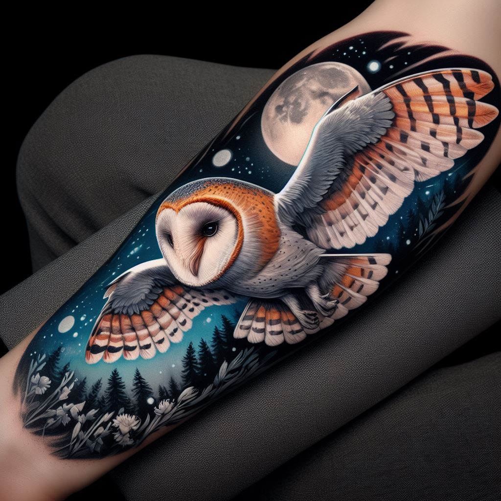 A detailed and vibrant owl tattoo on the forearm, featuring a realistic barn owl in mid-flight with its wings spread wide. The owl's feathers are intricately detailed, showcasing shades of white, brown, and black. The background includes a moonlit night sky with subtle shades of blue and grey, and a silhouette of a forest at the horizon.