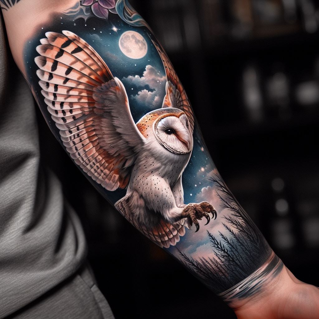 A detailed and vibrant owl tattoo on the forearm, featuring a realistic barn owl in mid-flight with its wings spread wide. The owl's feathers are intricately detailed, showcasing shades of white, brown, and black. The background includes a moonlit night sky with subtle shades of blue and grey, and a silhouette of a forest at the horizon.