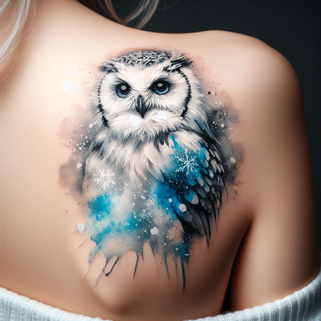 An artistic owl tattoo on the shoulder blade, designed in a watercolor style. This tattoo shows a snowy owl with its wings tucked close, eyes wide and alert. The colors blend seamlessly, with splashes of icy blue, white, and soft greys creating a delicate and dreamy effect, as if the owl is emerging from a misty winter landscape.