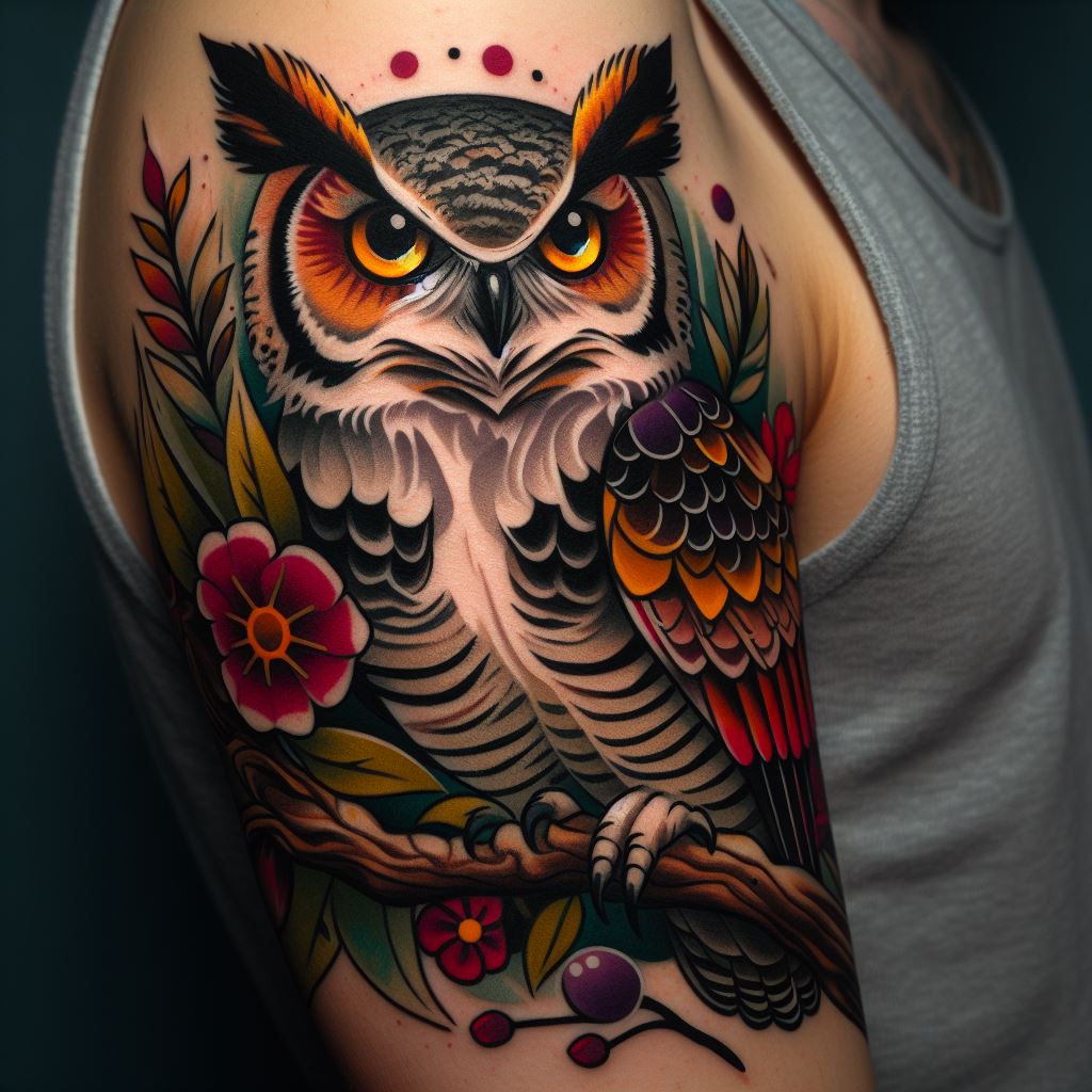 A neo-traditional owl tattoo located on the upper arm, featuring a majestic great horned owl sitting on a branch. The tattoo is characterized by bold lines and vibrant colors, with the owl's piercing eyes highlighted in bright yellow. Surrounding the owl are elements of nature, including leaves and flowers, rendered in deep greens, reds, and purples.
