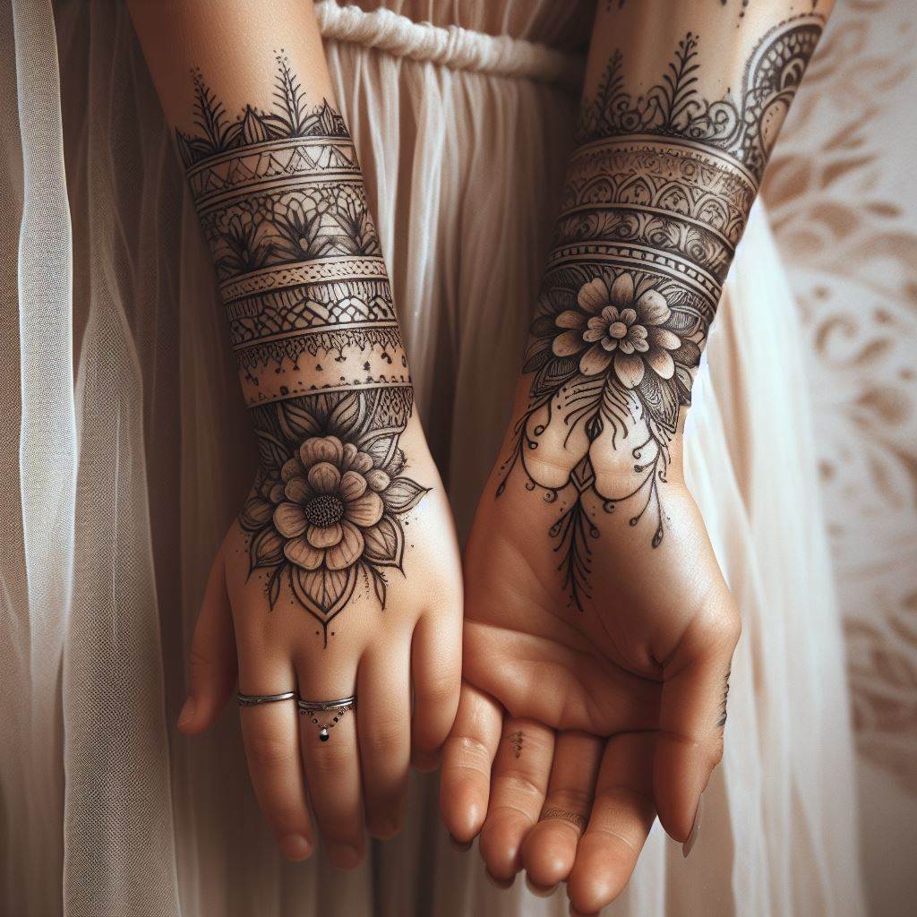 A mother and daughter with ornamental cuff tattoos around their wrists, designed with elements of lace and floral patterns. The cuffs should represent strength and beauty, with a detailed and delicate appearance that wraps elegantly around the wrist. The background should be soft and faded, ensuring the tattoos stand out as a testament to their bond.