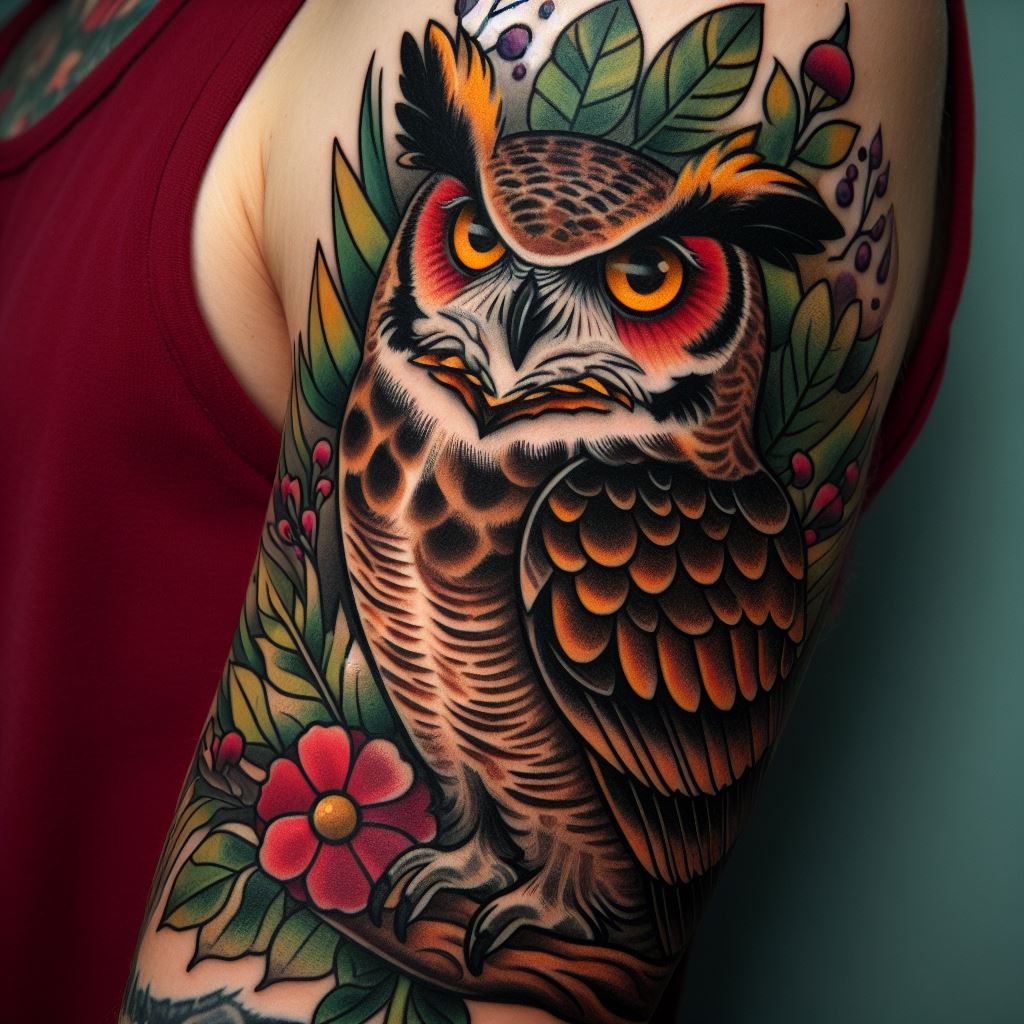 A neo-traditional owl tattoo located on the upper arm, featuring a majestic great horned owl sitting on a branch. The tattoo is characterized by bold lines and vibrant colors, with the owl's piercing eyes highlighted in bright yellow. Surrounding the owl are elements of nature, including leaves and flowers, rendered in deep greens, reds, and purples.