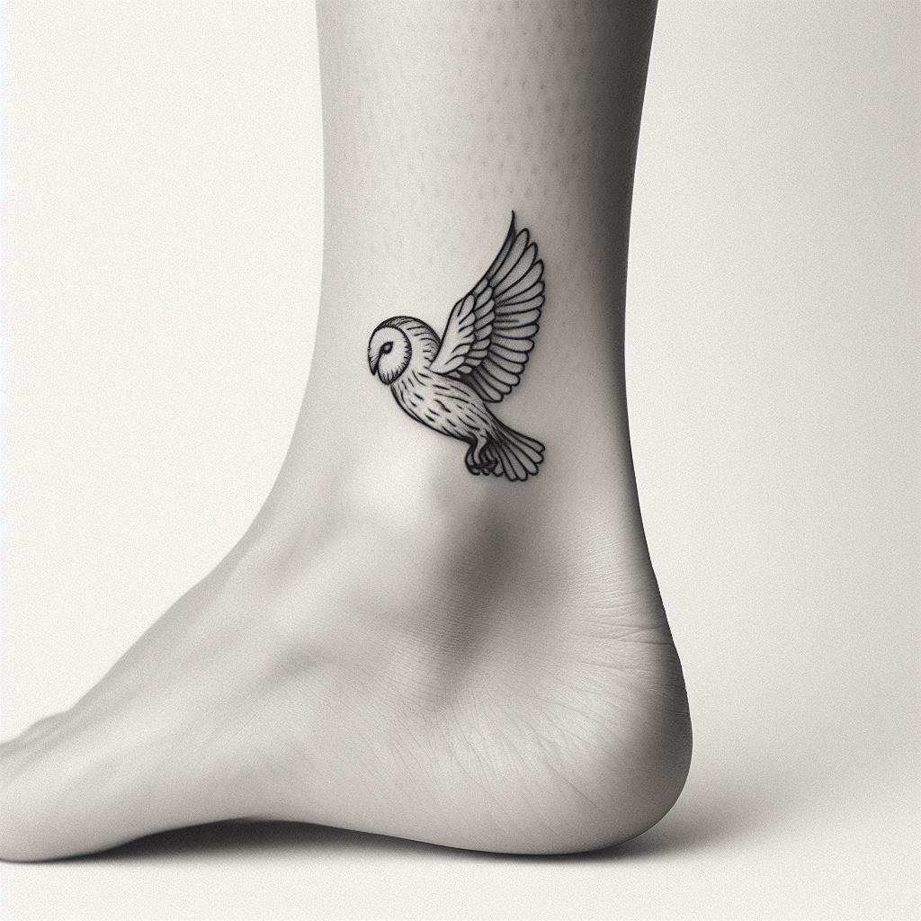 A small and minimalistic owl tattoo on the ankle, showcasing a simple line drawing of an owl in flight. The design focuses on clean, flowing lines that capture the essence of the owl's movement, with minimal shading to keep the tattoo elegant and understated. This tattoo is perfect for those who appreciate the beauty of simplicity.