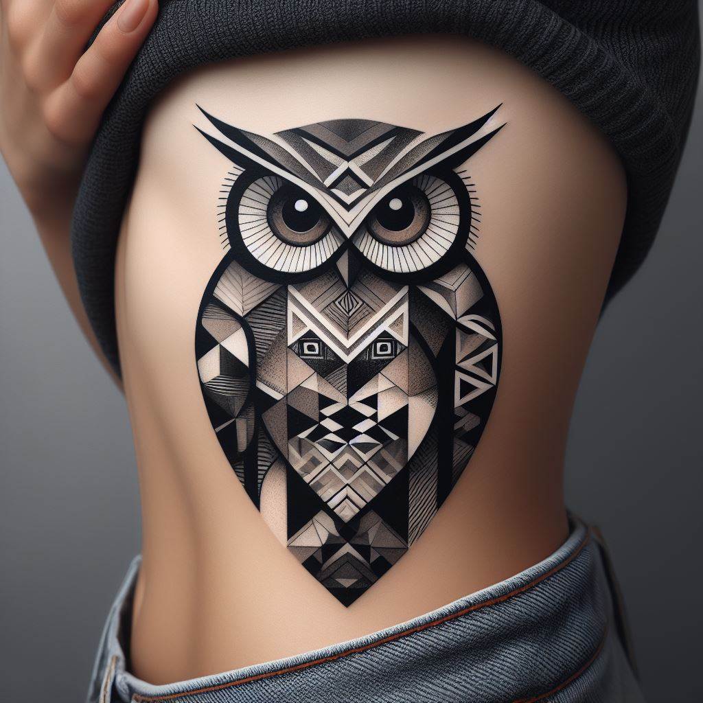 An abstract owl tattoo on the rib cage, combining geometric shapes and patterns to create the image of an owl. The design features a mix of sharp angles and smooth curves, with a palette of black, white, and shades of grey. The abstract nature of the tattoo gives it a modern and unique appeal.