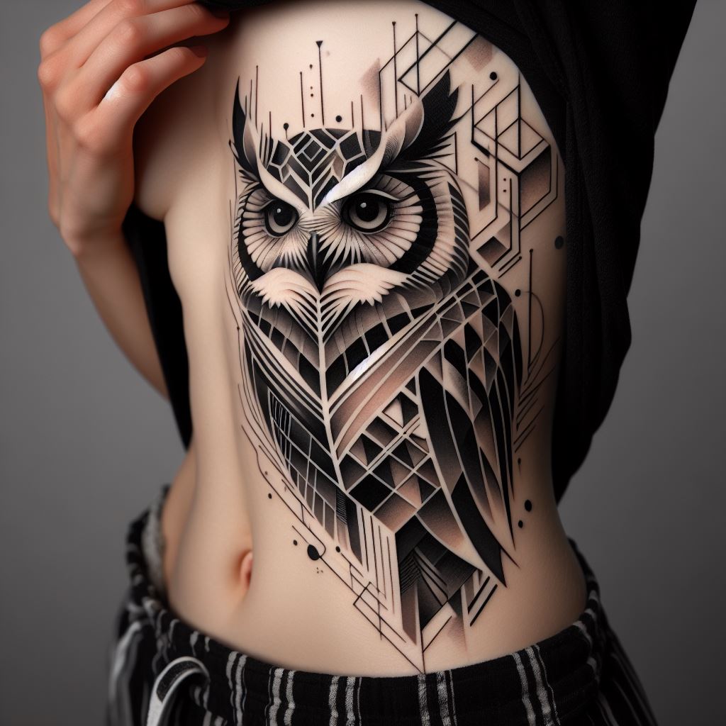 An abstract owl tattoo on the rib cage, combining geometric shapes and patterns to create the image of an owl. The design features a mix of sharp angles and smooth curves, with a palette of black, white, and shades of grey. The abstract nature of the tattoo gives it a modern and unique appeal.