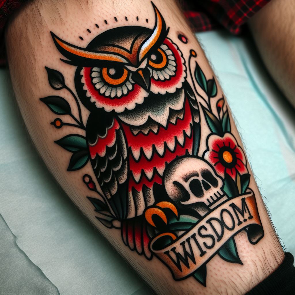 A traditional American style owl tattoo on the calf, depicting an owl perched on a skull. The design includes classic elements such as bold black outlines, limited color palette of red, green, and yellow, and a banner with the word 'Wisdom' underneath. This tattoo pays homage to the traditional themes of mortality and knowledge.