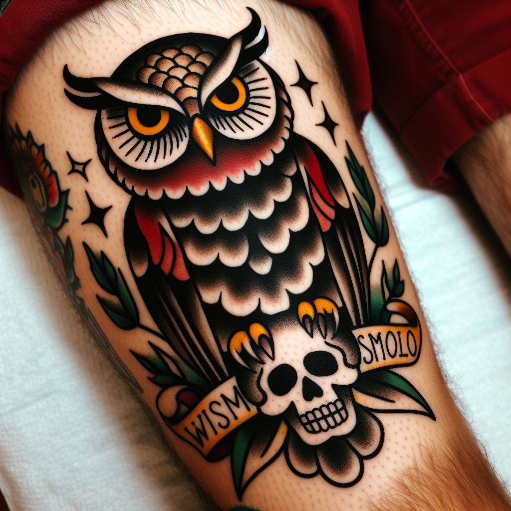 A traditional American style owl tattoo on the calf, depicting an owl perched on a skull. The design includes classic elements such as bold black outlines, limited color palette of red, green, and yellow, and a banner with the word 'Wisdom' underneath. This tattoo pays homage to the traditional themes of mortality and knowledge.