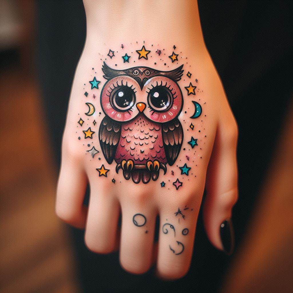 A whimsical owl tattoo on the back of the hand, featuring a cartoonish owl with big, expressive eyes and a quirky expression. The owl is surrounded by colorful stars and moons, creating a playful and magical theme. This tattoo is perfect for those who want to carry a bit of whimsy with them everywhere.
