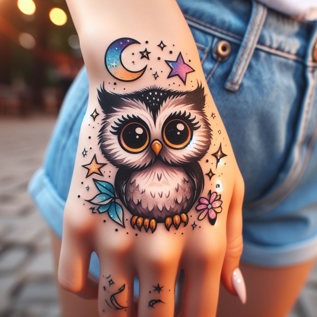 A whimsical owl tattoo on the back of the hand, featuring a cartoonish owl with big, expressive eyes and a quirky expression. The owl is surrounded by colorful stars and moons, creating a playful and magical theme. This tattoo is perfect for those who want to carry a bit of whimsy with them everywhere.