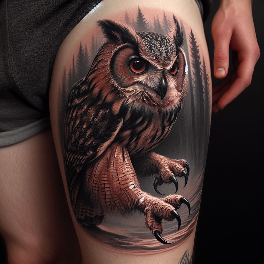A realistic owl tattoo on the thigh, portraying an owl in a hunting stance with its talons extended forward. The detail in the feathers, eyes, and talons is exquisite, capturing the fierce and predatory nature of the owl. The background is a muted forest scene that enhances the realism of the tattoo.