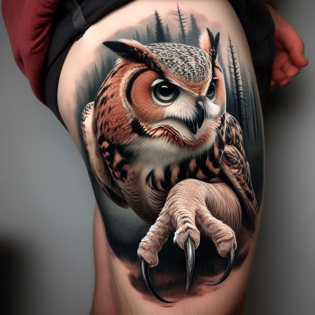 A realistic owl tattoo on the thigh, portraying an owl in a hunting stance with its talons extended forward. The detail in the feathers, eyes, and talons is exquisite, capturing the fierce and predatory nature of the owl. The background is a muted forest scene that enhances the realism of the tattoo.