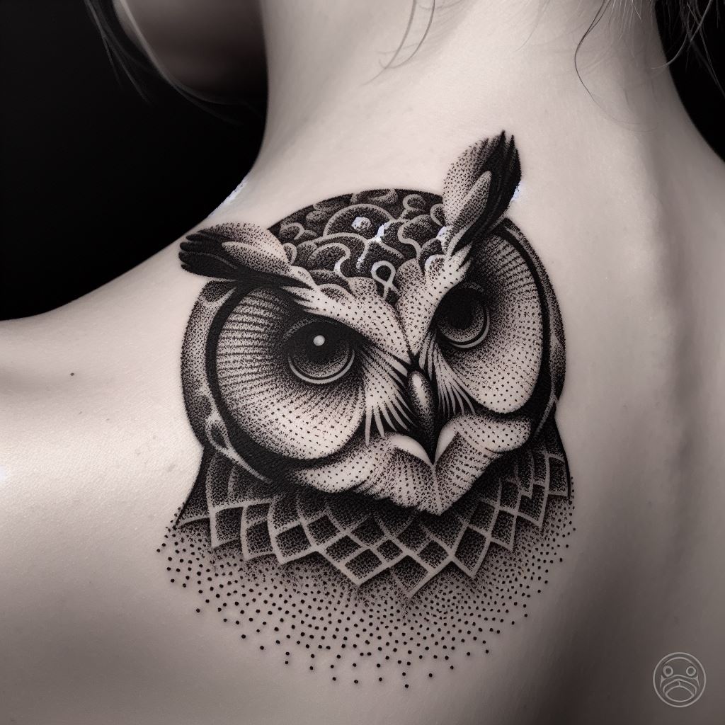 A dotwork owl tattoo on the side of the neck, featuring a stylized owl face created entirely from dots of varying sizes. This technique gives the tattoo a textured and three-dimensional look, with the owl's eyes being the focal point. The monochrome palette adds to the tattoo's elegance and subtlety.