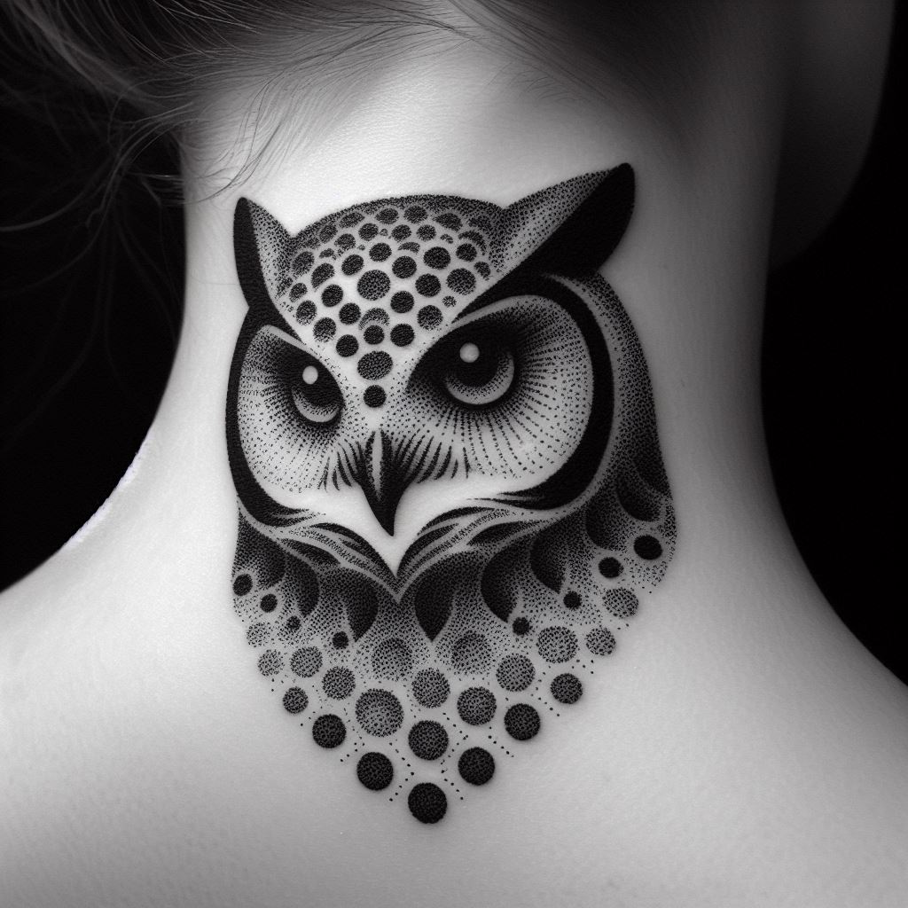 A dotwork owl tattoo on the side of the neck, featuring a stylized owl face created entirely from dots of varying sizes. This technique gives the tattoo a textured and three-dimensional look, with the owl's eyes being the focal point. The monochrome palette adds to the tattoo's elegance and subtlety.
