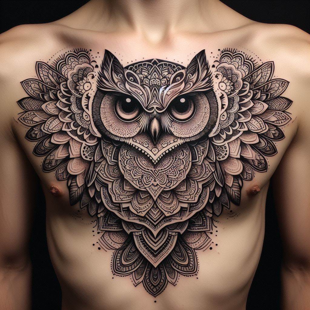 An ornamental owl tattoo on the chest, incorporating elements of mandala and lace patterns within the outline of the owl. The design is symmetrical, with the owl's wings extending across the chest. The intricate patterns and fine lines make this tattoo both a statement piece and a work of art, blending beauty and symbolism seamlessly.