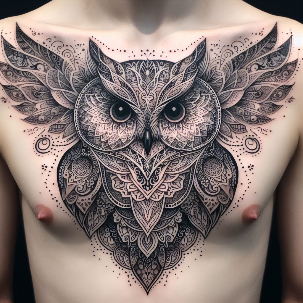 An ornamental owl tattoo on the chest, incorporating elements of mandala and lace patterns within the outline of the owl. The design is symmetrical, with the owl's wings extending across the chest. The intricate patterns and fine lines make this tattoo both a statement piece and a work of art, blending beauty and symbolism seamlessly.