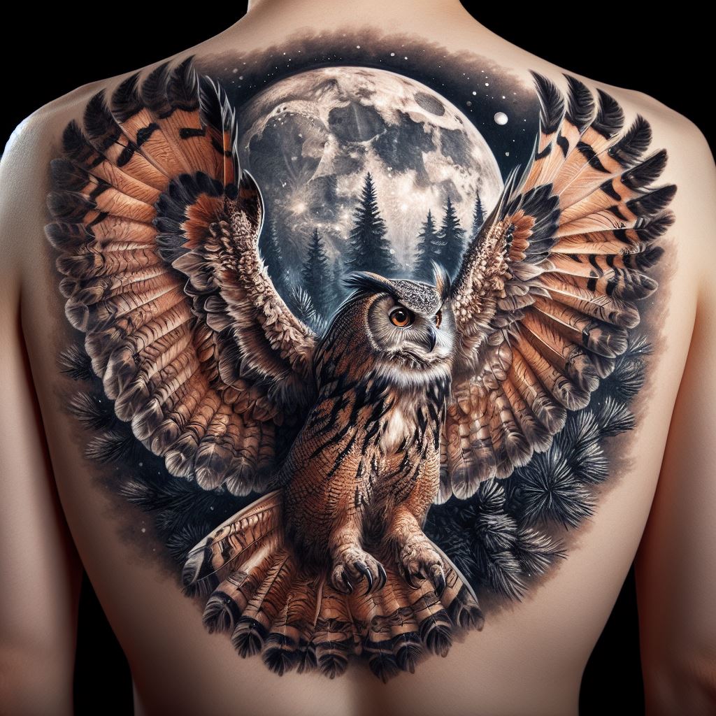 A majestic owl tattoo on the upper back, depicting a large, detailed owl with wings spread wide as if in the midst of flight. The feathers are rendered with incredible detail, showing various textures and shades of brown, black, and white. The background features a full moon and pine trees, creating a mystical night scene that highlights the owl's natural habitat.