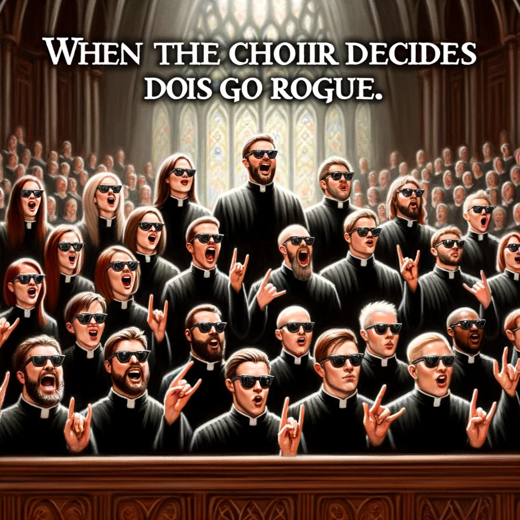 A comical image of choir members wearing sunglasses and pretending to be rock stars during a classical performance. The caption says, "When the choir decides to go rogue."