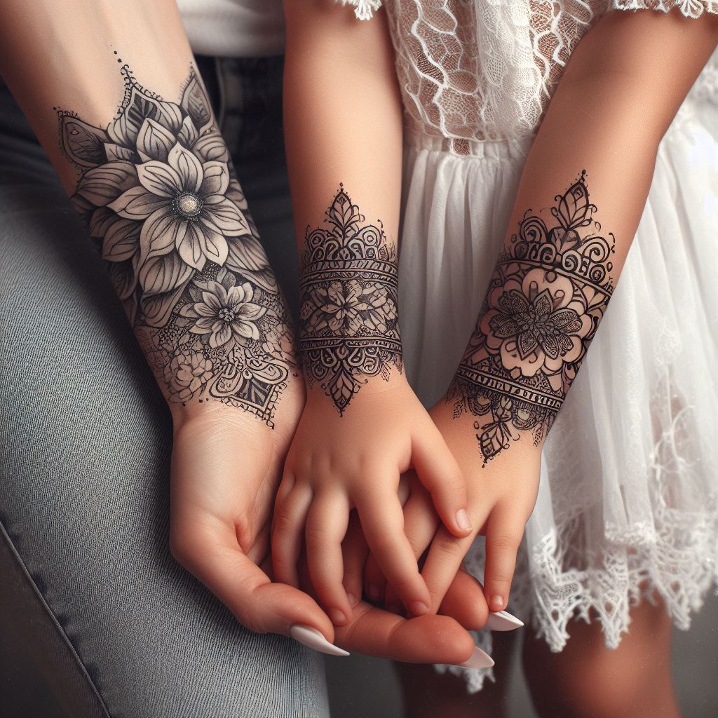 A mother and daughter with ornamental cuff tattoos around their wrists, designed with elements of lace and floral patterns. The cuffs should represent strength and beauty, with a detailed and delicate appearance that wraps elegantly around the wrist. The background should be soft and faded, ensuring the tattoos stand out as a testament to their bond.