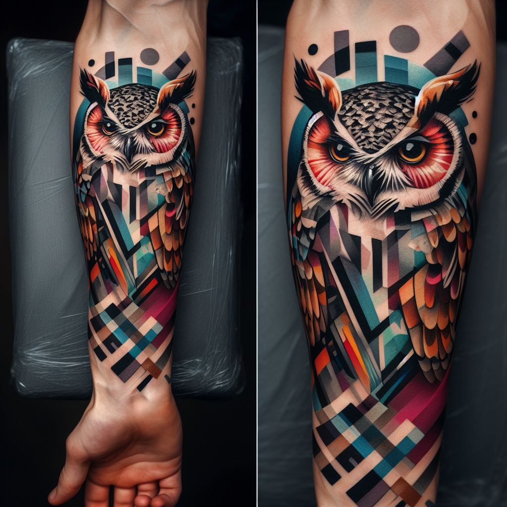 An avant-garde owl tattoo on the forearm, blending elements of surrealism and cubism to depict an owl in an abstract manner. The tattoo features fragmented pieces of the owl reassembled in a creative layout, with bold lines and a palette of vibrant colors that defy traditional representations, making it a striking and unique piece of body art.