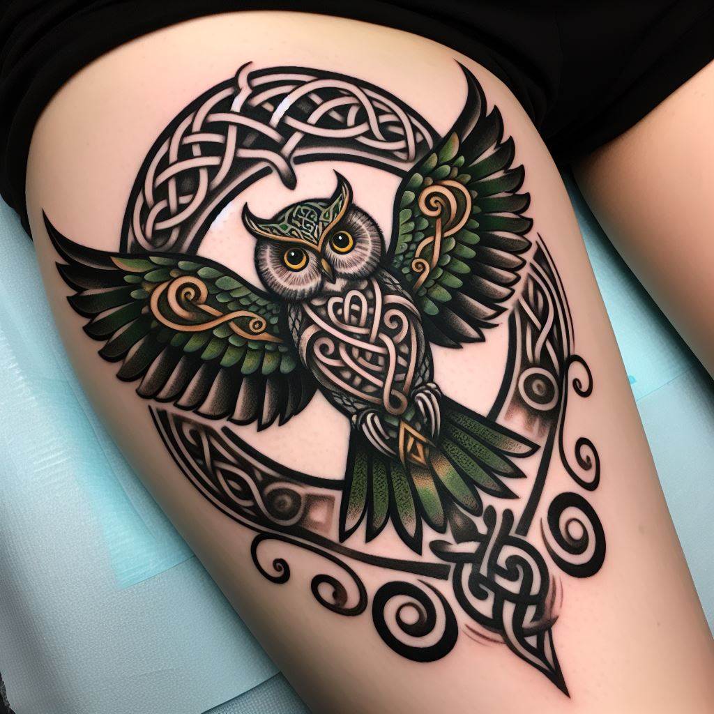 A Celtic-style owl tattoo on the lower leg, incorporating traditional Celtic knots and spirals within the silhouette of an owl in flight. The design emphasizes the interconnectedness of all things and the owl's symbolic wisdom through the intricate interweaving of lines. The tattoo uses shades of green, black, and gold to enhance its mystical and ancient appeal.
