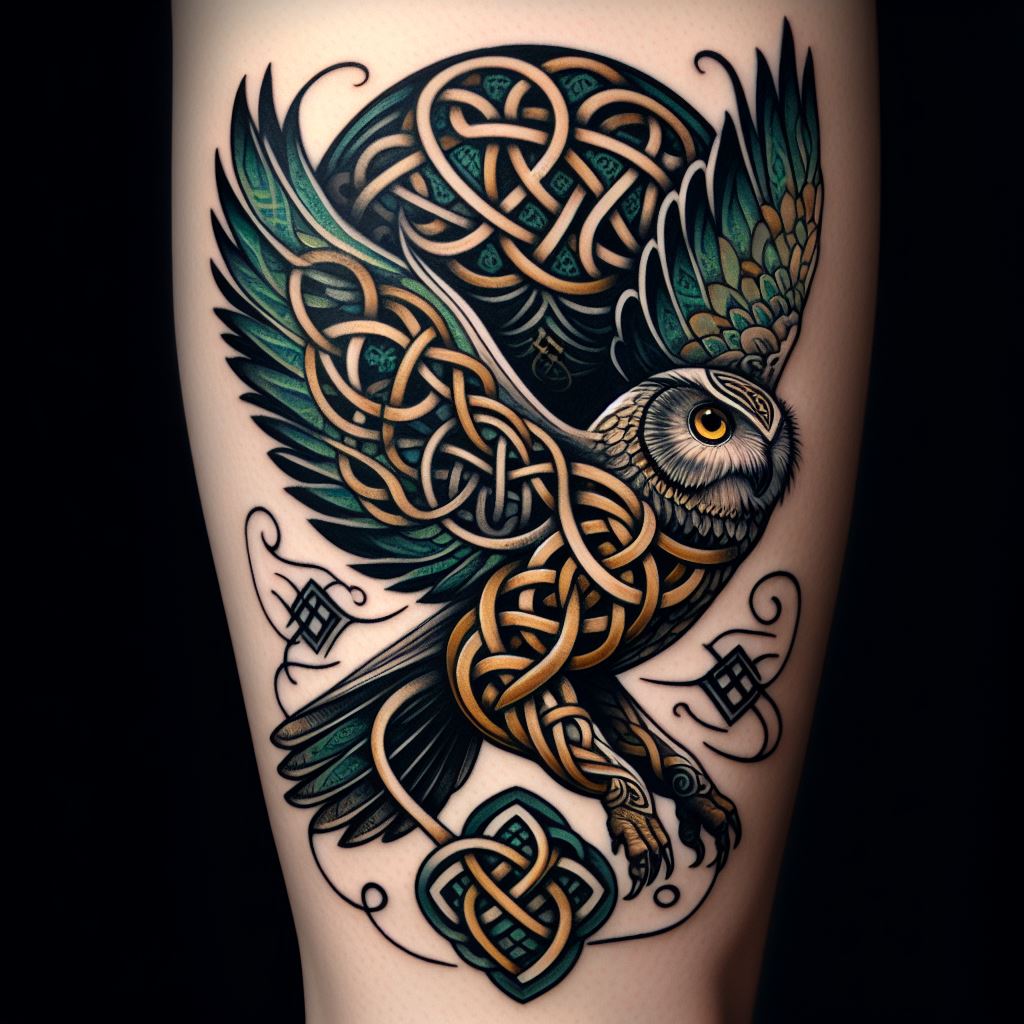 A Celtic-style owl tattoo on the lower leg, incorporating traditional Celtic knots and spirals within the silhouette of an owl in flight. The design emphasizes the interconnectedness of all things and the owl's symbolic wisdom through the intricate interweaving of lines. The tattoo uses shades of green, black, and gold to enhance its mystical and ancient appeal.