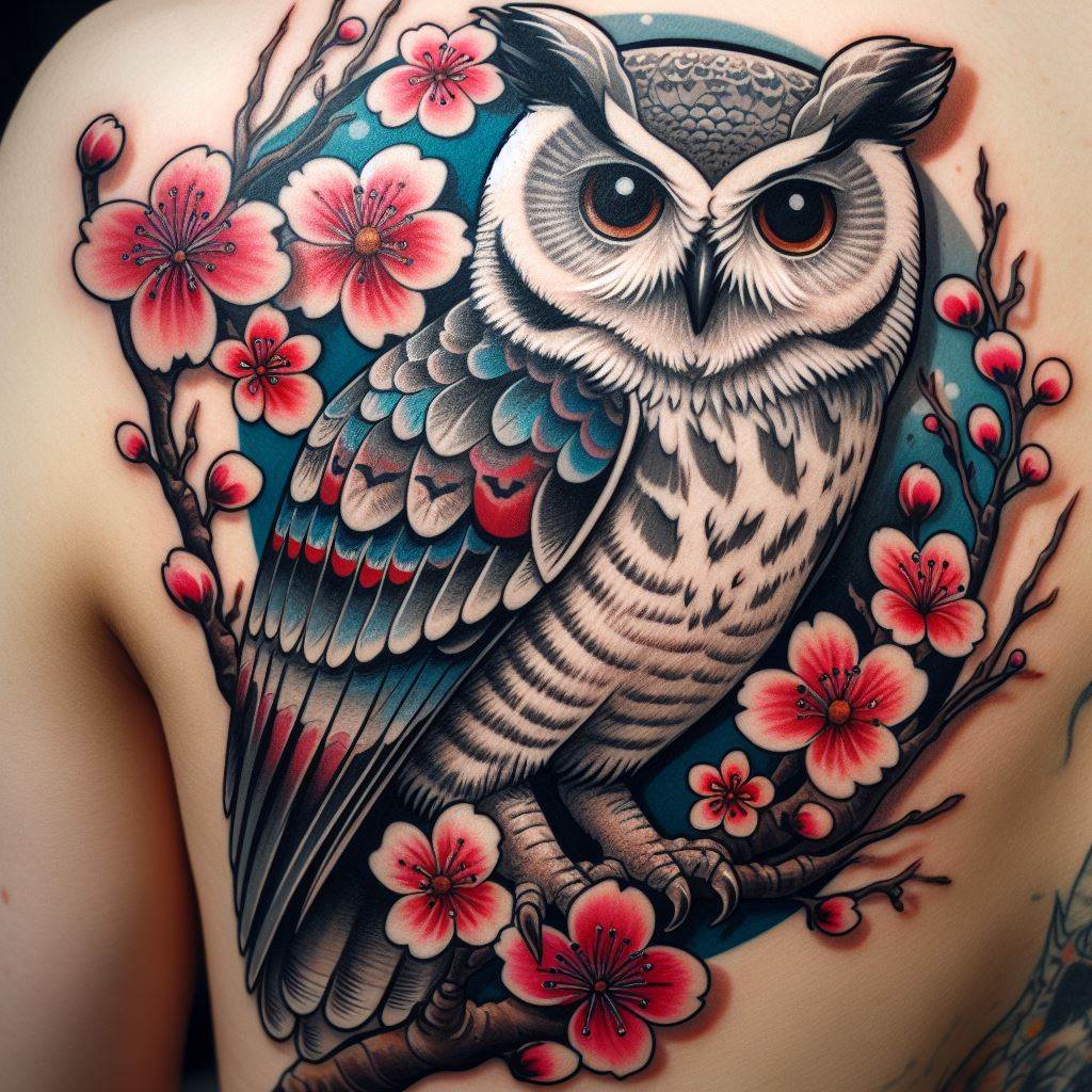 A Japanese-inspired owl tattoo on the side, featuring an owl perched on a cherry blossom branch. The design incorporates elements of traditional Japanese tattoo art, such as bold outlines, vibrant colors, and iconic cherry blossoms with petals gently falling. The owl's feathers are detailed with shades of grey, white, and hints of blue, creating a serene and harmonious composition.