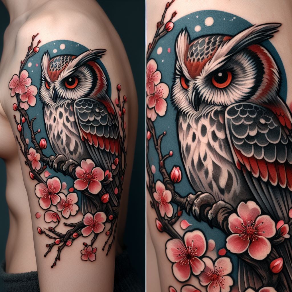 A Japanese-inspired owl tattoo on the side, featuring an owl perched on a cherry blossom branch. The design incorporates elements of traditional Japanese tattoo art, such as bold outlines, vibrant colors, and iconic cherry blossoms with petals gently falling. The owl's feathers are detailed with shades of grey, white, and hints of blue, creating a serene and harmonious composition.