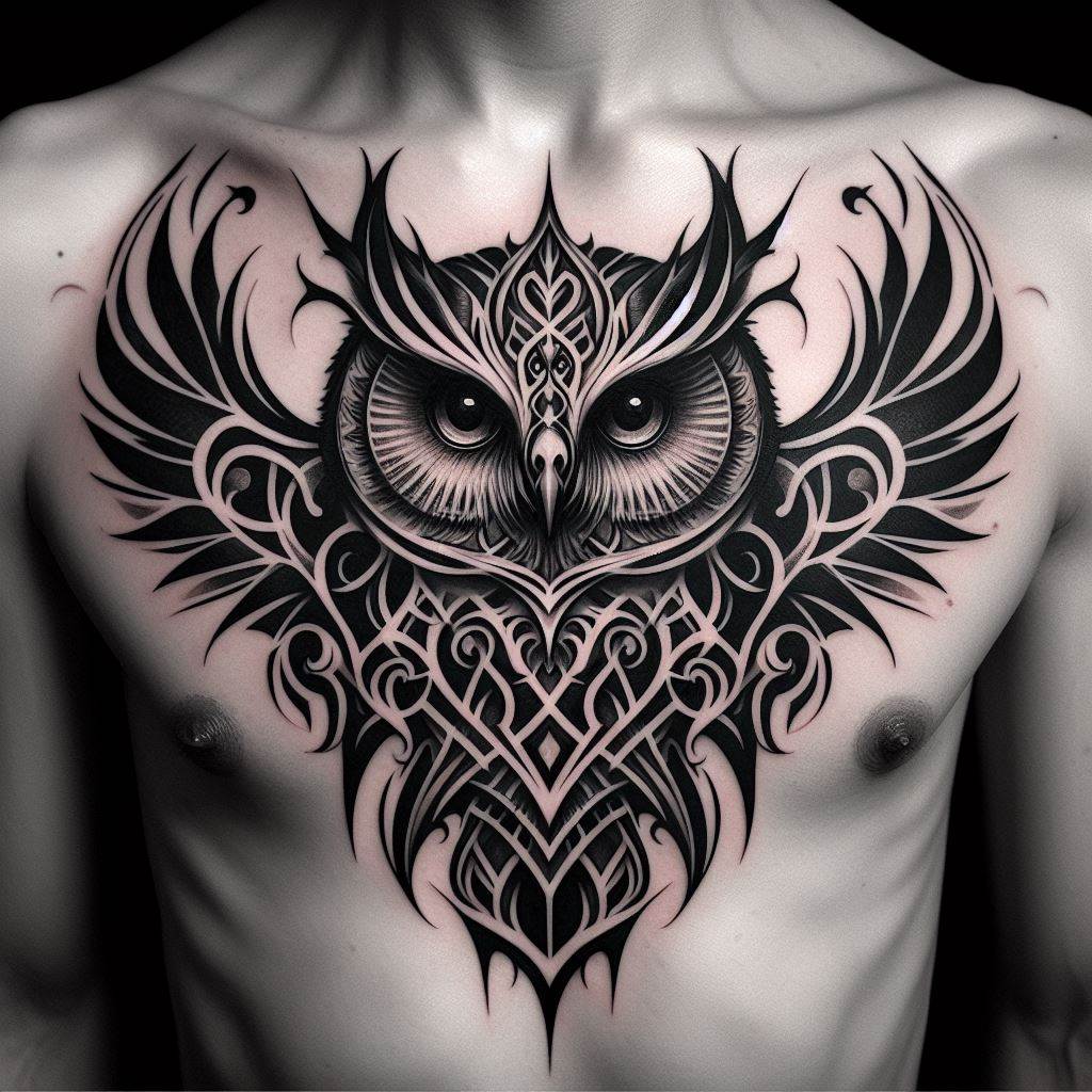 A Gothic owl tattoo on the chest, showcasing a stylized owl with Gothic architectural elements, such as pointed arches and intricate tracery, integrated into its wings and body. The design uses a monochrome palette to enhance the Gothic aesthetic, with the owl's piercing eyes as the centerpiece, symbolizing wisdom and mystery.