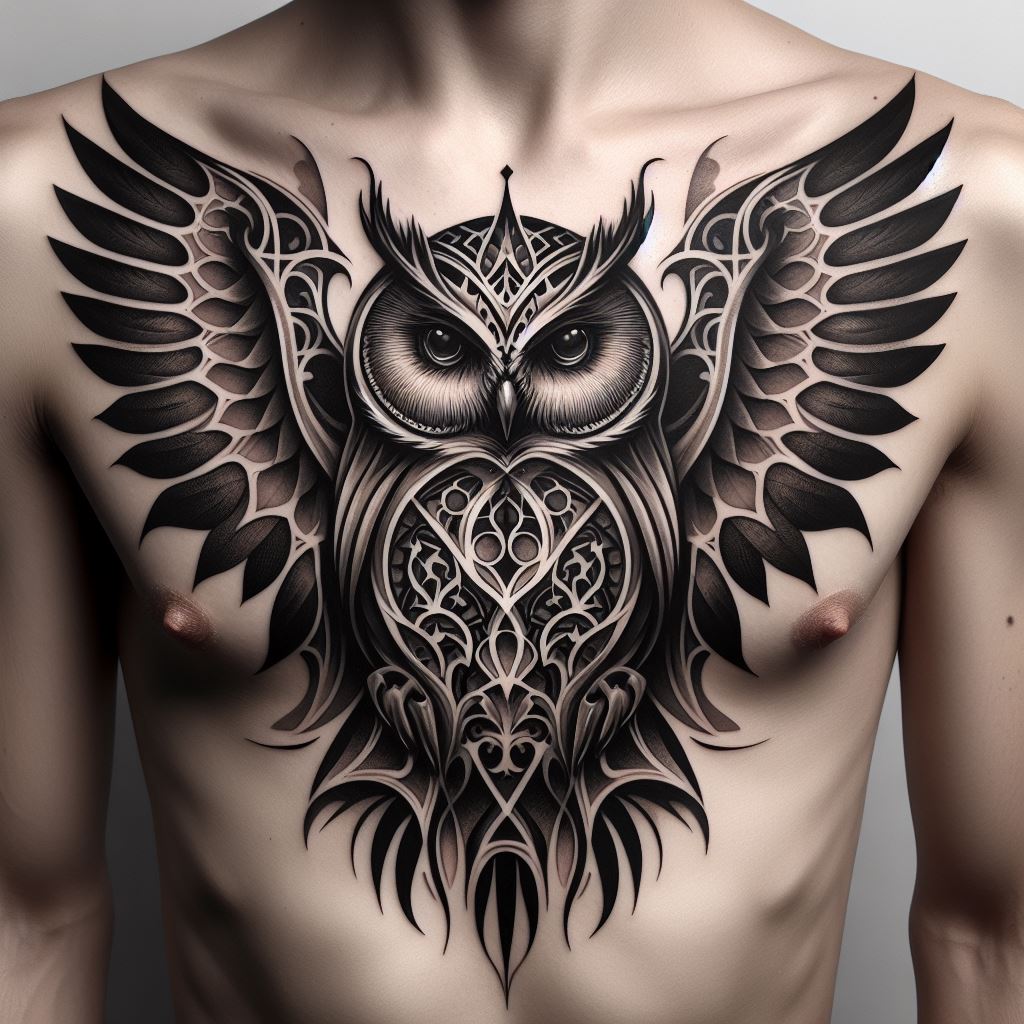 A Gothic owl tattoo on the chest, showcasing a stylized owl with Gothic architectural elements, such as pointed arches and intricate tracery, integrated into its wings and body. The design uses a monochrome palette to enhance the Gothic aesthetic, with the owl's piercing eyes as the centerpiece, symbolizing wisdom and mystery.