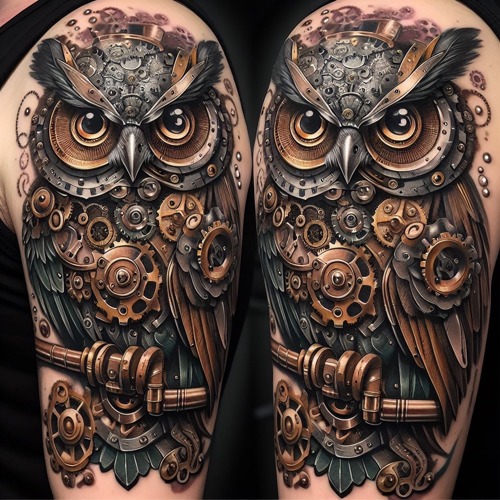 A steampunk owl tattoo on the upper arm, combining mechanical and Victorian elements to depict an owl constructed of gears, cogs, and steam pipes. The design features metallic shades of bronze, silver, and gold, with meticulous attention to the mechanical details, presenting the owl as a fantastical steampunk creation.