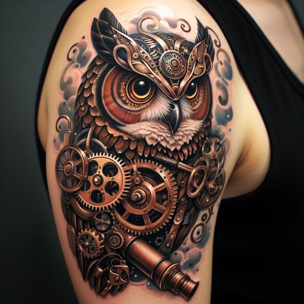A steampunk owl tattoo on the upper arm, combining mechanical and Victorian elements to depict an owl constructed of gears, cogs, and steam pipes. The design features metallic shades of bronze, silver, and gold, with meticulous attention to the mechanical details, presenting the owl as a fantastical steampunk creation.