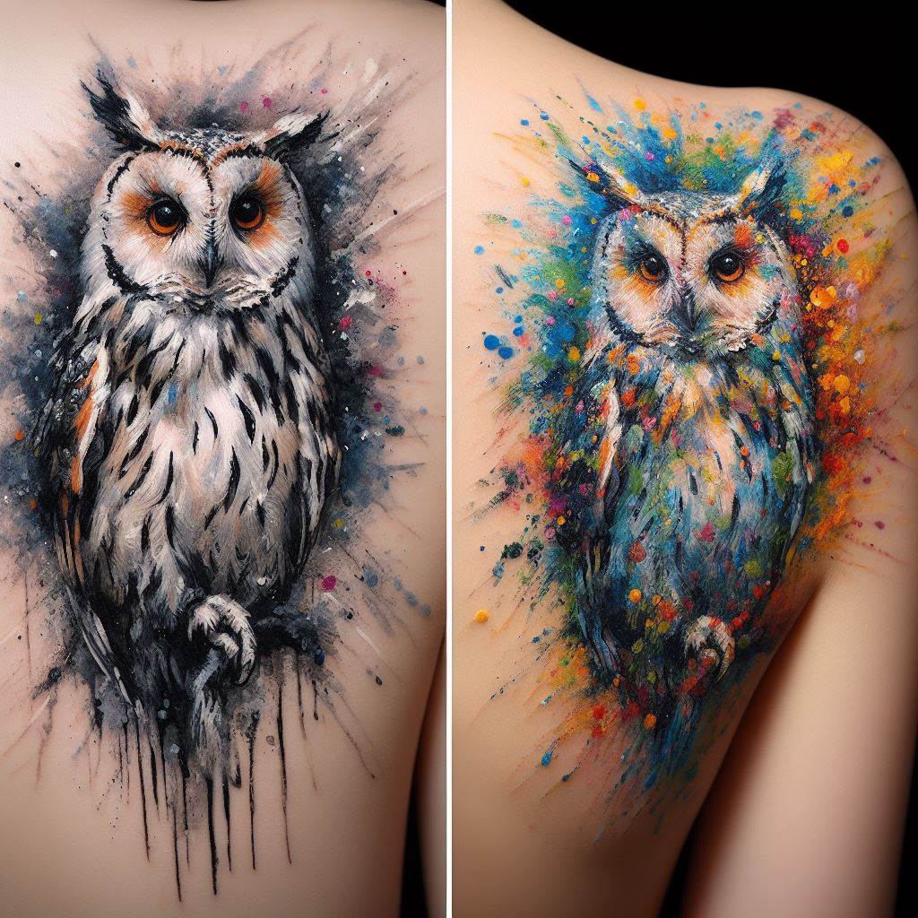 An impressionistic owl tattoo on the shoulder, capturing the essence of an owl through loose, expressive brush strokes and vibrant splashes of color. The design mimics the technique of Impressionist painting, with the owl seemingly emerging from a flurry of colors representing the natural environment. This tattoo blends art history with the symbolic wisdom of the owl in a beautiful display.