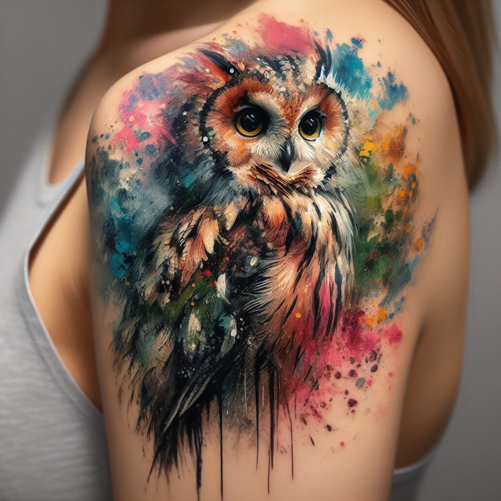 An impressionistic owl tattoo on the shoulder, capturing the essence of an owl through loose, expressive brush strokes and vibrant splashes of color. The design mimics the technique of Impressionist painting, with the owl seemingly emerging from a flurry of colors representing the natural environment. This tattoo blends art history with the symbolic wisdom of the owl in a beautiful display.