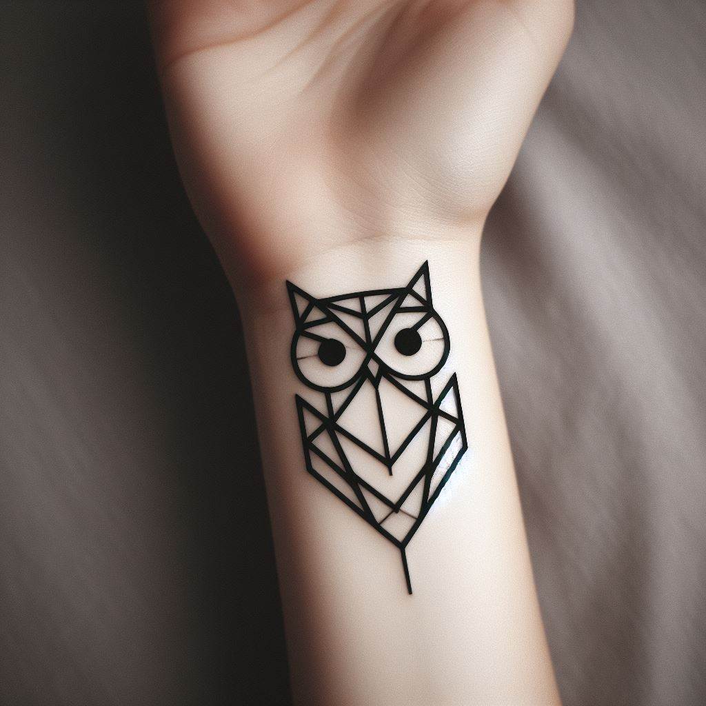 A minimalist geometric owl tattoo on the wrist, consisting of simple shapes and lines that come together to form the silhouette of an owl. The design focuses on the elegance of minimalism, with a limited color palette of black and shades of grey, making it a subtle yet striking representation of an owl.