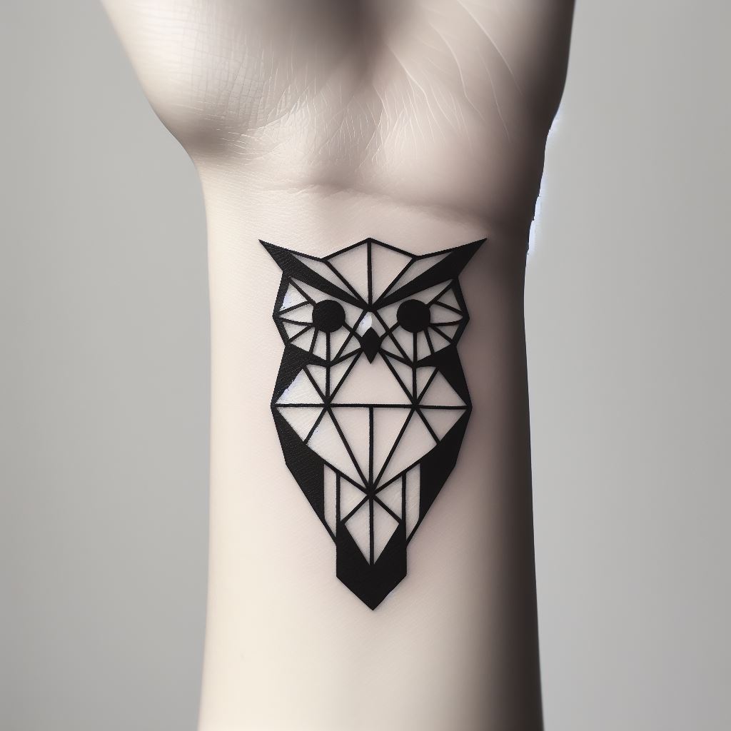A minimalist geometric owl tattoo on the wrist, consisting of simple shapes and lines that come together to form the silhouette of an owl. The design focuses on the elegance of minimalism, with a limited color palette of black and shades of grey, making it a subtle yet striking representation of an owl.